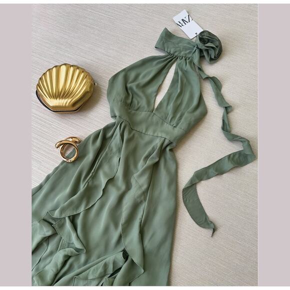 💚 ZARA Halter Neck Midi Dress NWT | Sea Green Ruffle Floral Detail M/L - Picture 16 of 16